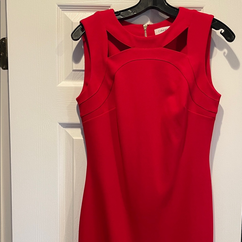 Calvin Klein Vibrant Red Midi Dress with from neckline cut outs. Size 4